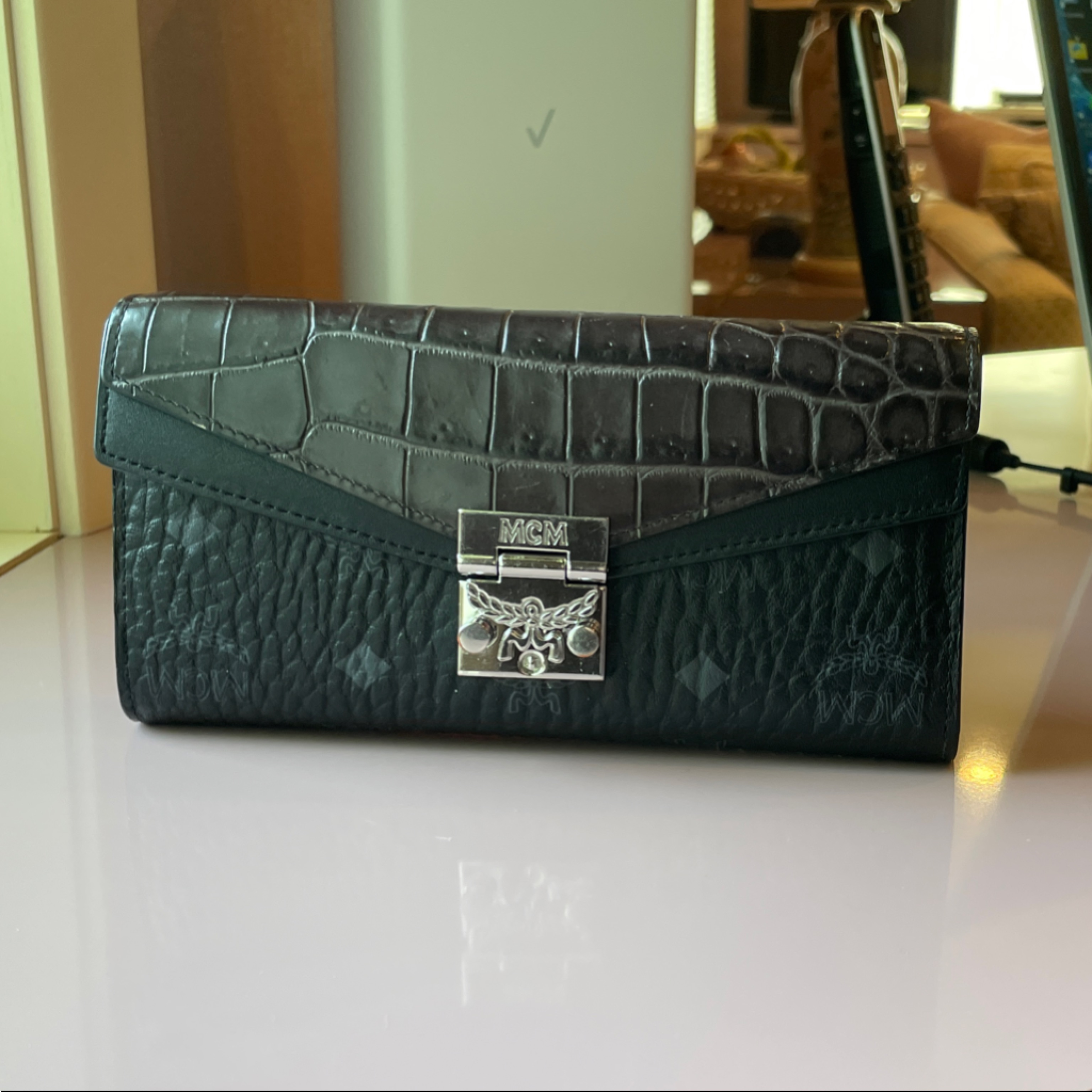 Mcm Black CrocodileEmbossed Leather Clutch